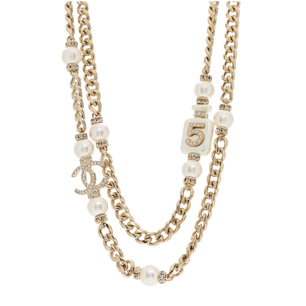 Chanel #5 perfume bottle Strass crystals & faux pearls necklace